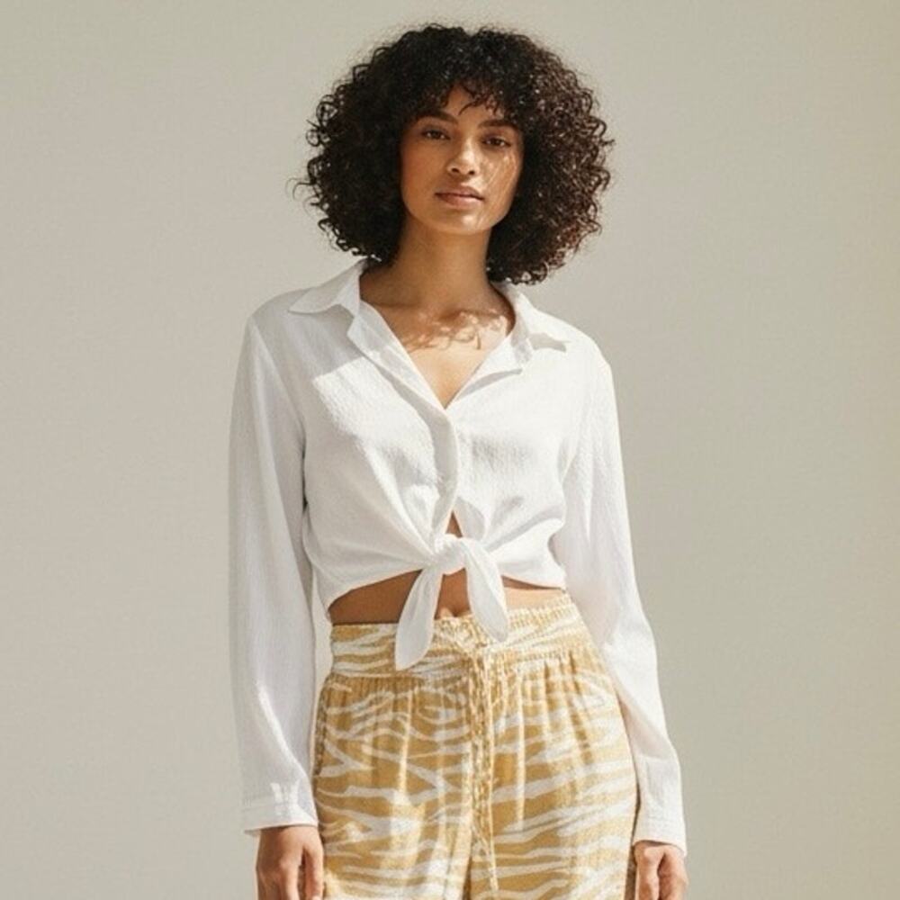 Summer Coastal White Cotton Tie-Front Crop Top Long Sleeve Small Minimalist